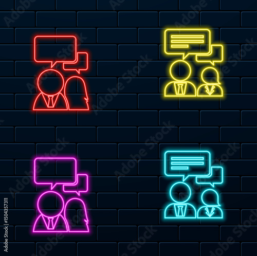 People talking at the table icon. chat icon, stock, vector. neon style.