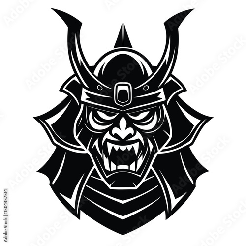Fierce Samurai Oni Mask  Vector Illustration of a Japanese Warrior's Helmet