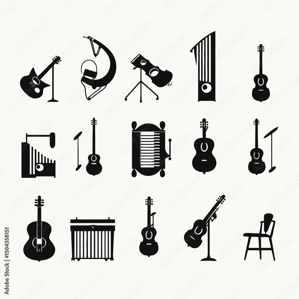 Obraz premium Illustration of musical instruments guitar harp cello piano accordion xylophone chair stand music