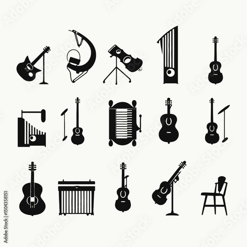 Illustration of musical instruments guitar harp cello piano accordion xylophone chair stand music