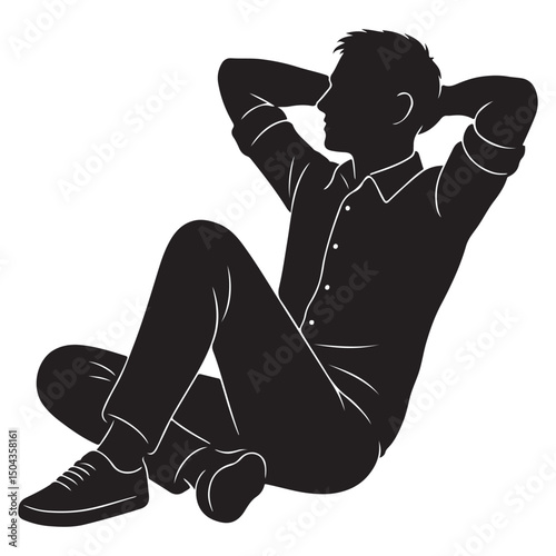 Silhouette of a man seated with both hands behind his head, leaning back, relaxed man silhouette