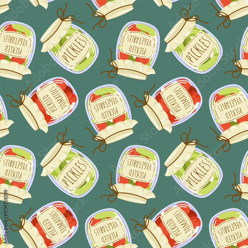 Seamless pattern of marinated vegetable in glass jars with label in cartoon style. Perfect for kitchen wallpaper, food package, farm store design and autumn theme.
