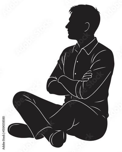 Silhouette of a man sitting sideways with arms folded across his chest, confident man silhouette
