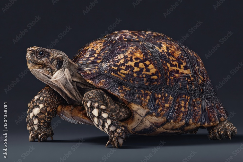 Fototapeta premium Detailed Turtle Portrait Against Dark Backdrop, Symbolizing Longevity and Environmental Conservation, Ideal for Ecological Awareness Campaigns : Generative AI