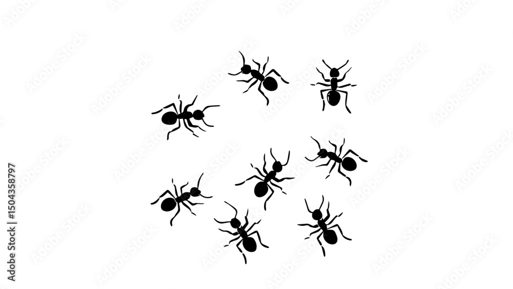 Swarm of black ants gathering in a circular pattern on a white background during bright daylight in an urban area Swarm of black ants gathering in a circular pattern on a white background during bright daylight in an urban area