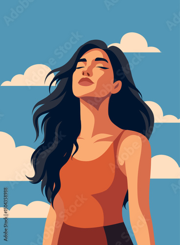 Women's Day. Vector illustration of a beautiful woman with closed eyes looking at the sky. Symbol of freedom, feminism, female dignity. Movements for gender equality, women's empowerment