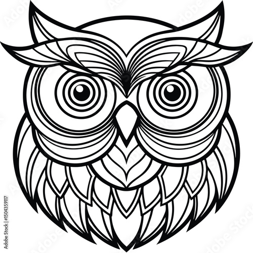 wise face of owl with concentric rings and sharp details