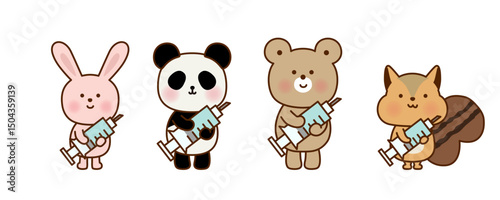 注射器を持ったかわいい動物たち（うさぎ・パンダ・くま・リス）