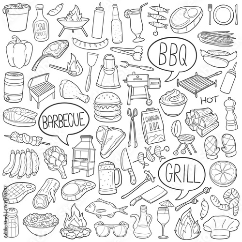 BBQ Barbecue Doodle Line Art Illustration. Hand Drawn Line Art Vector Clip Art.