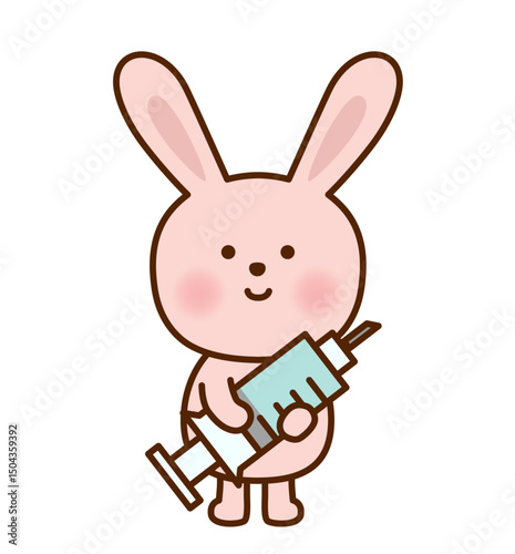 注射器を持ったかわいいピンクのうさぎのイラスト