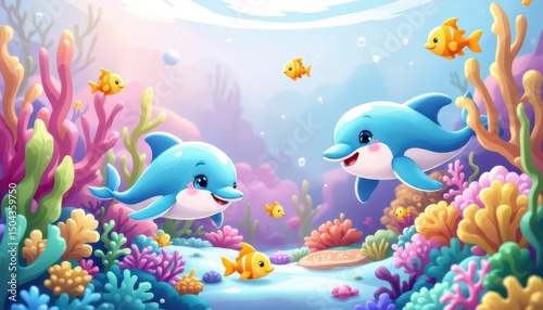 Cute Dolphins Playing with Fish in Colorful Underwater Coral World – Cartoon Ocean Scene