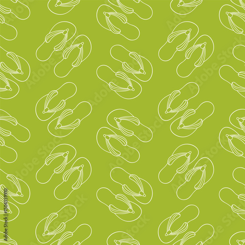 Seamless pattern with flip flops summer shoes in line art style. Slippers design for wallpaper, textile on a green background.
