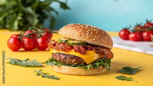Delicious cheeseburger with crispy bacon