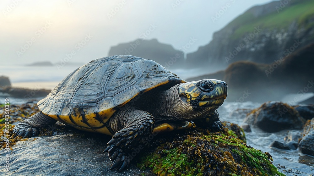 Fototapeta premium Coastal guardian: A thoughtful turtle rests against a rugged shore scenery