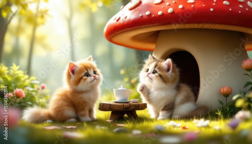 Cute Kittens Having Tea Beside Mushroom House in Sunny Enchanted Forest
