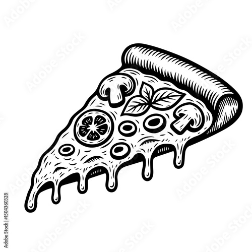 illustration of a pizza isolated on white background. pizza slice with salami,mushrooms, basil leaf and melted cheese for pizzeria package and menu designs. Flat Vector illustration.