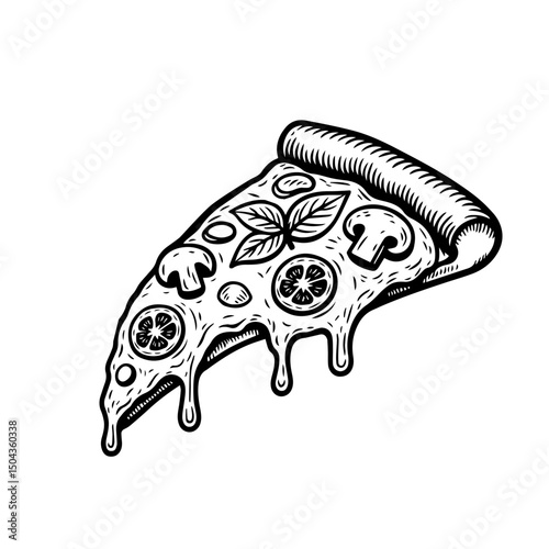 slice of pizza, sketch style drawing. black and white graphics, engraving. Vector isolated background