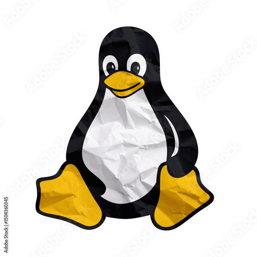 Canvas Print Wrinkled Paper Texture Tux Linux Mascot Illustration on Transparent Background