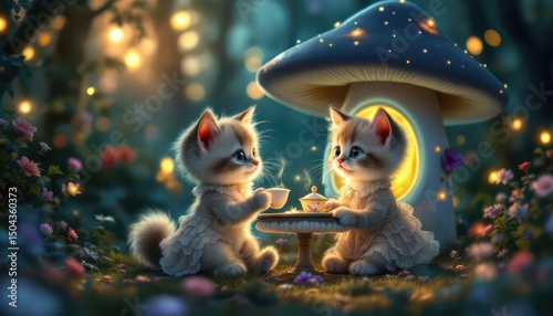 Cute Cats Having Tea Under Glowing Mushroom in Magical Forest – Whimsical Fantasy Illustration