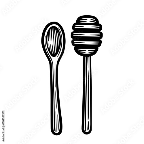 Hand drawn honey dipper. Sketch vector wooden mead wand. Engraving illustration for beekeeping and apiculture design