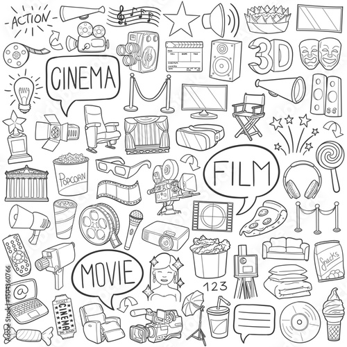Cinema Film Doodle Icons Sketch Hand Made Design Vector Line Art.	
