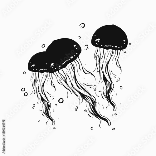 Black jellyfish illustration ocean sea marine life aquatic underwater tentacles bubbles monochrome drawing art silhouette