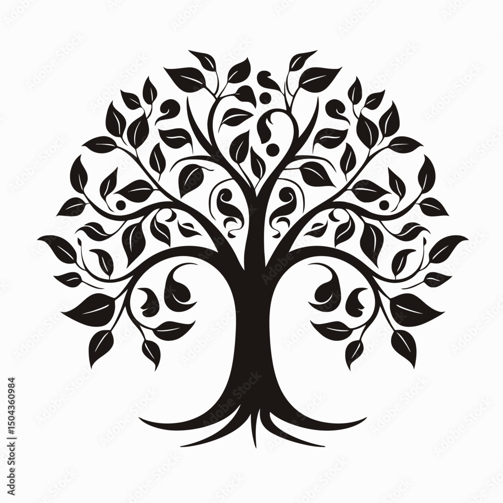 Obraz premium Black tree silhouette vector art design nature illustration leaf branches roots growth life symbol drawing