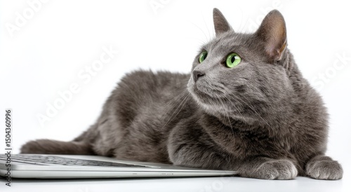 Gray Cat Relaxing on Laptop Keyboard, Representing Digital Lifestyle and Modern Pet Ownership : Generative AI photo