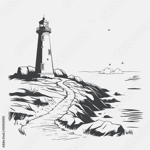 Lighthouse coast ocean sea rocks path sky birds illustration drawing vector black and white scenic view silhouette