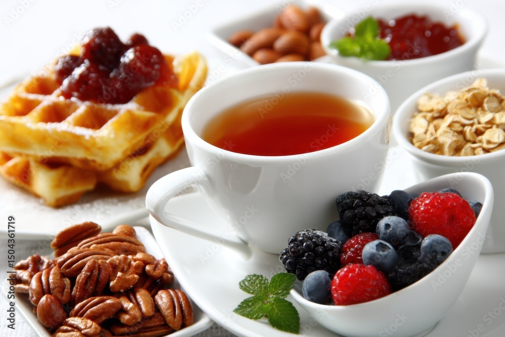 Breakfast Still Life With Waffles, Tea, and Berries in Bright Setting, Representing Healthy Eating and Culinary Lifestyle : Generative AI Breakfast Still Life With Waffles, Tea, and Berries in Bright Setting, Representing Healthy Eating and Culinary Lifestyle : Generative AI