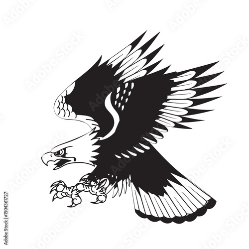 Detailed black and white eagle illustration with spread wings and sharp talons.