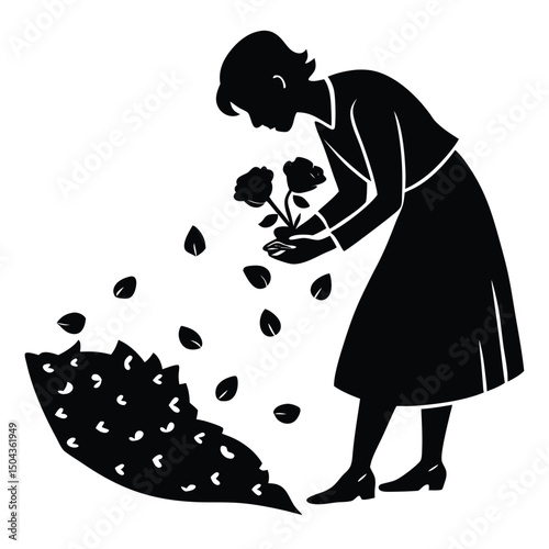 Woman Gently Placing Flowers on a Grave A Silhouette Illustration of Remembrance and Grief