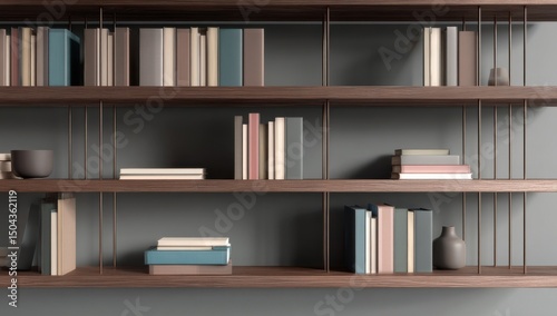 Wallpaper Mural Books Arranged on a Modern Wooden Bookshelf, Representing Knowledge, Education, and Interior Design Inspiration for Home Library Decor : Generative AI Torontodigital.ca