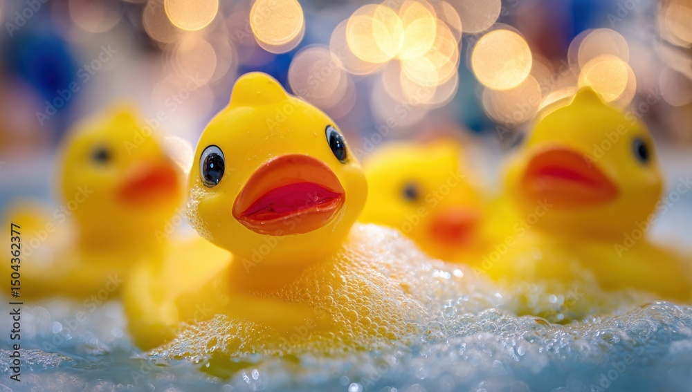 Yellow Rubber Ducks Floating in Bubbles With Bokeh Lights, Symbolizing Childhood Joy and Bath Time Fun, Perfect for Kids' Products and Family Advertisements : Generative AI Yellow Rubber Ducks Floating in Bubbles With Bokeh Lights, Symbolizing Childhood Joy and Bath Time Fun, Perfect for Kids' Products and Family Advertisements : Generative AI