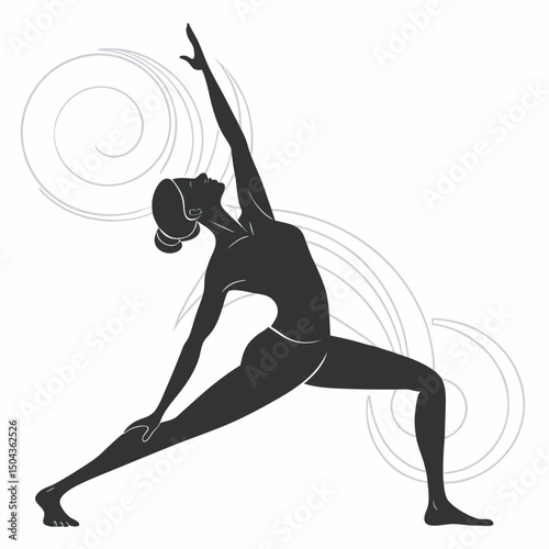 Silhouette of woman performing yoga warrior pose with abstract ornaments