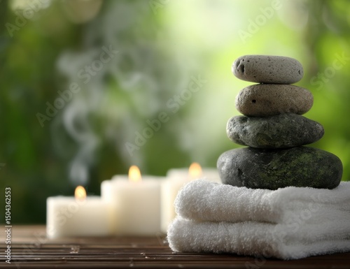 Wallpaper Mural Stacked Stones on Towels With Candles in a Spa Setting, Promoting Wellness and Relaxation for Health and Beauty Businesses : Generative AI Torontodigital.ca