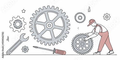 Mechanic working with gears and tools vector illustration on white background