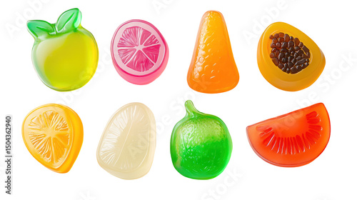  Colorful Fruit-Shaped Gummy Candies on Transparent Background