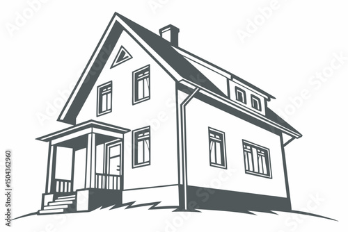 Detailed black and white illustration of a classic american two story house