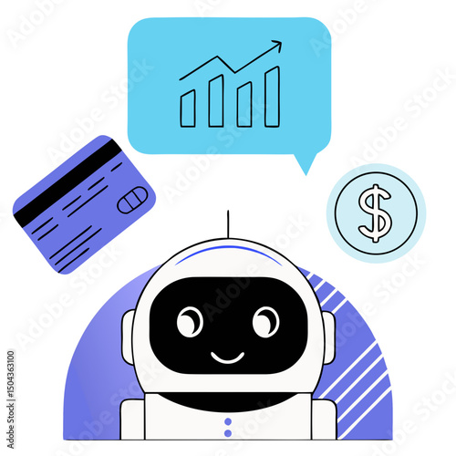 AI chatbot offering credit advice, happy expression, discussing finance with graphic elements