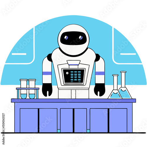Banking robot in chemistry lab, friendly expression, demonstrating finance as a laboratory metaphor