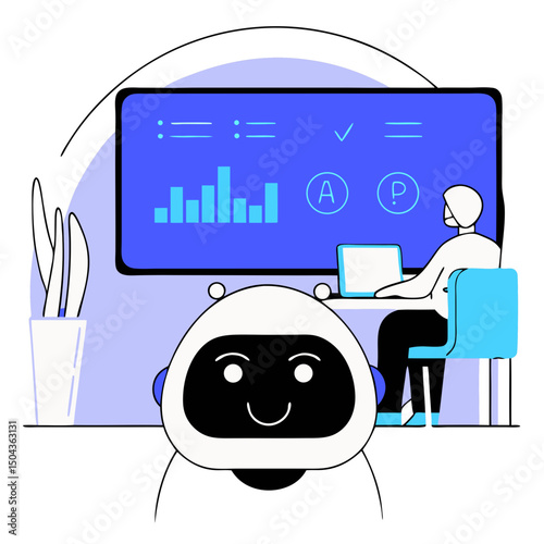 Banking robot explaining pension options, friendly expression, assisting user with data on a blue background