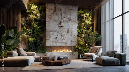 Modern living room design, blending natural elements with urban views, creating a cozy and stylish ambiance