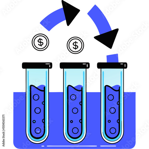 Money flow through test tubes, creative design, representing banking as a laboratory metaphor