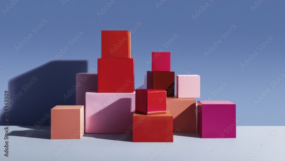 Obraz premium Colorful Geometric Blocks Stacked on Blue Background, Representing Creative Solutions and Modern Minimalism for Product Presentation : Generative AI