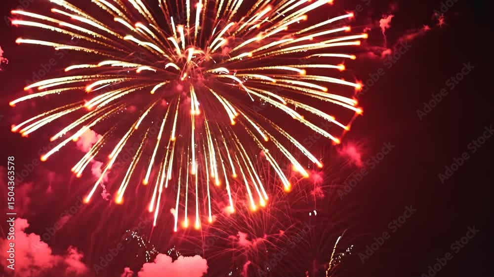 gold fireworks exploding in night sky with sparkling trails, festive celebration light burst in slow motion and high contrast black background