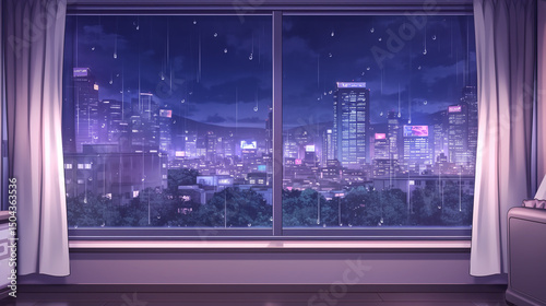 Rainy Night Cityscape View from a Room Window