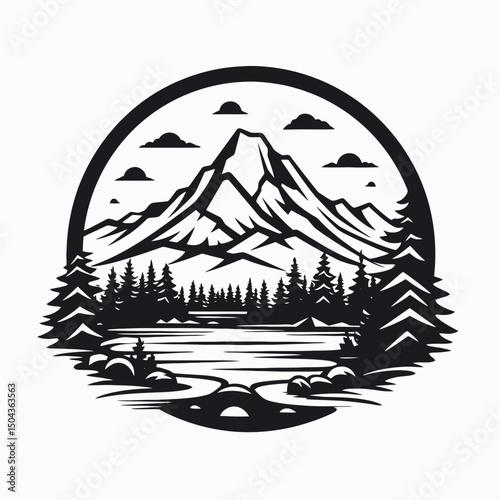 Mountain lake trees forest landscape nature scenic outdoor travel adventure peak clouds vector graphic silhouette