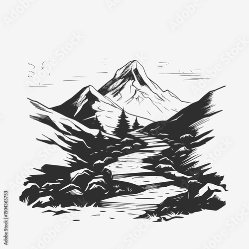 Mountain landscape scenic view hiking trail nature outdoors adventure peak travel clouds drawing art sketch silhouette