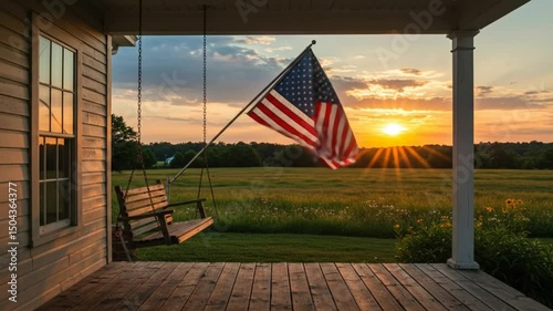 American Flag Waves at Sunset on Farmhouse Porch
